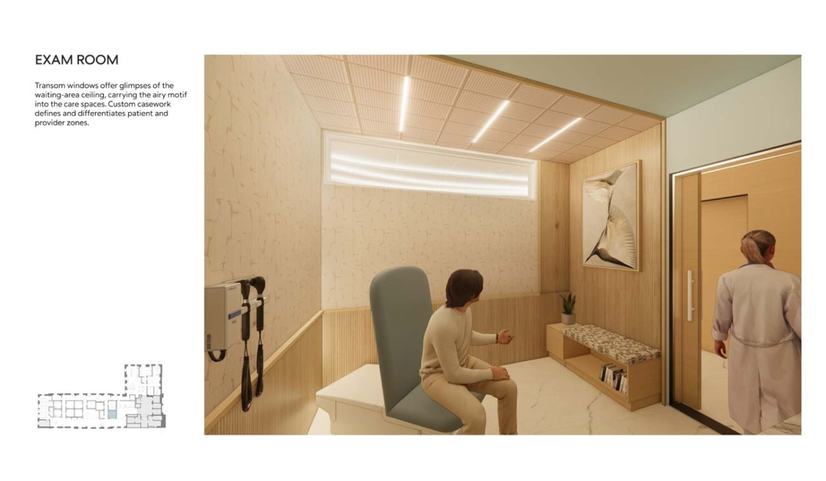 A modern exam room featuring transom windows, a patient chair, and custom cabinetry that separates patient and provider areas.