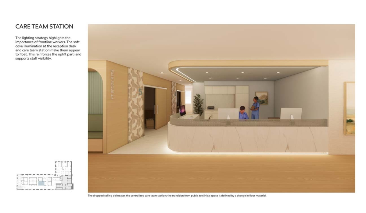 A modern care team station features soft lighting, a sleek reception desk, and a welcoming environment for healthcare staff and patients.