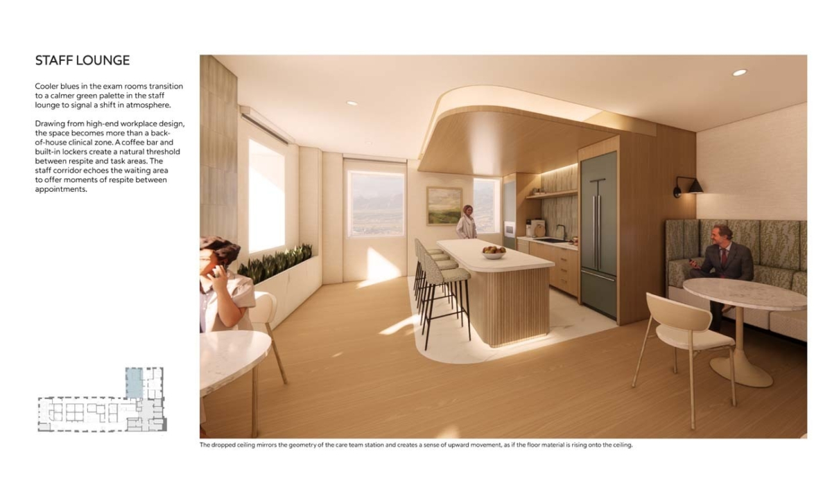 A modern staff lounge features calming colors, a sleek kitchen area, and comfortable seating, promoting relaxation and collaboration.