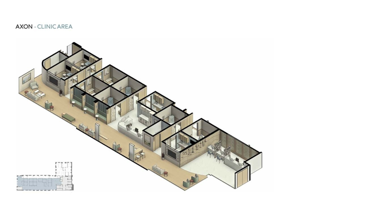 Detailed floor plan of a clinic layout, showcasing examination rooms, waiting areas, and administrative spaces in an organized design.