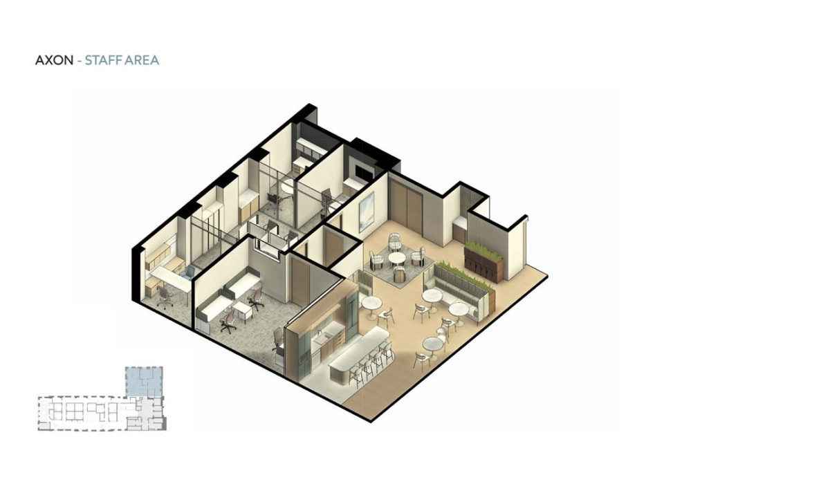 Floor plan illustration of a staff area, featuring workstations, a kitchen space, meeting areas, and seating arrangements.