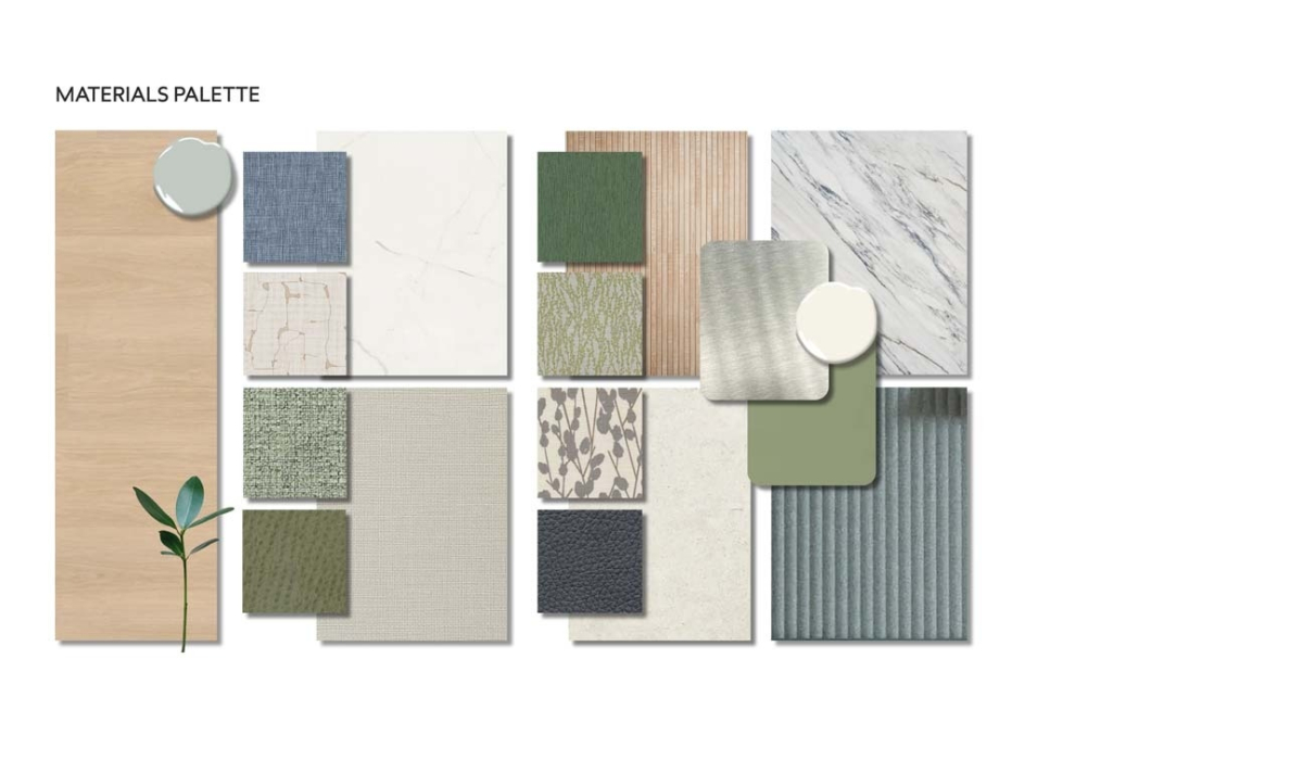 A collection of materials featuring various textures and colors, including wood, fabrics, and stone, arranged in a cohesive design layout.
