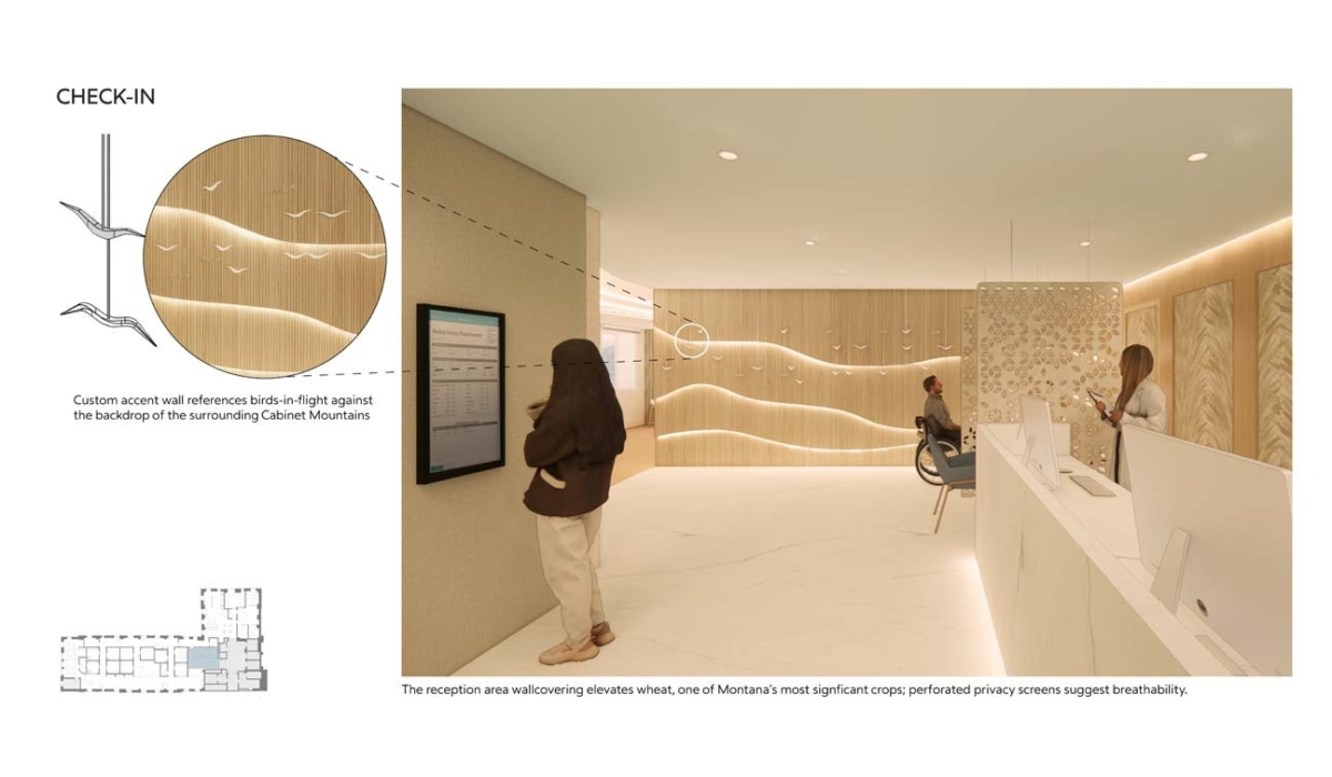 A modern reception area features a custom wall design inspired by birds in flight, soothing lighting, and elegant privacy screens.