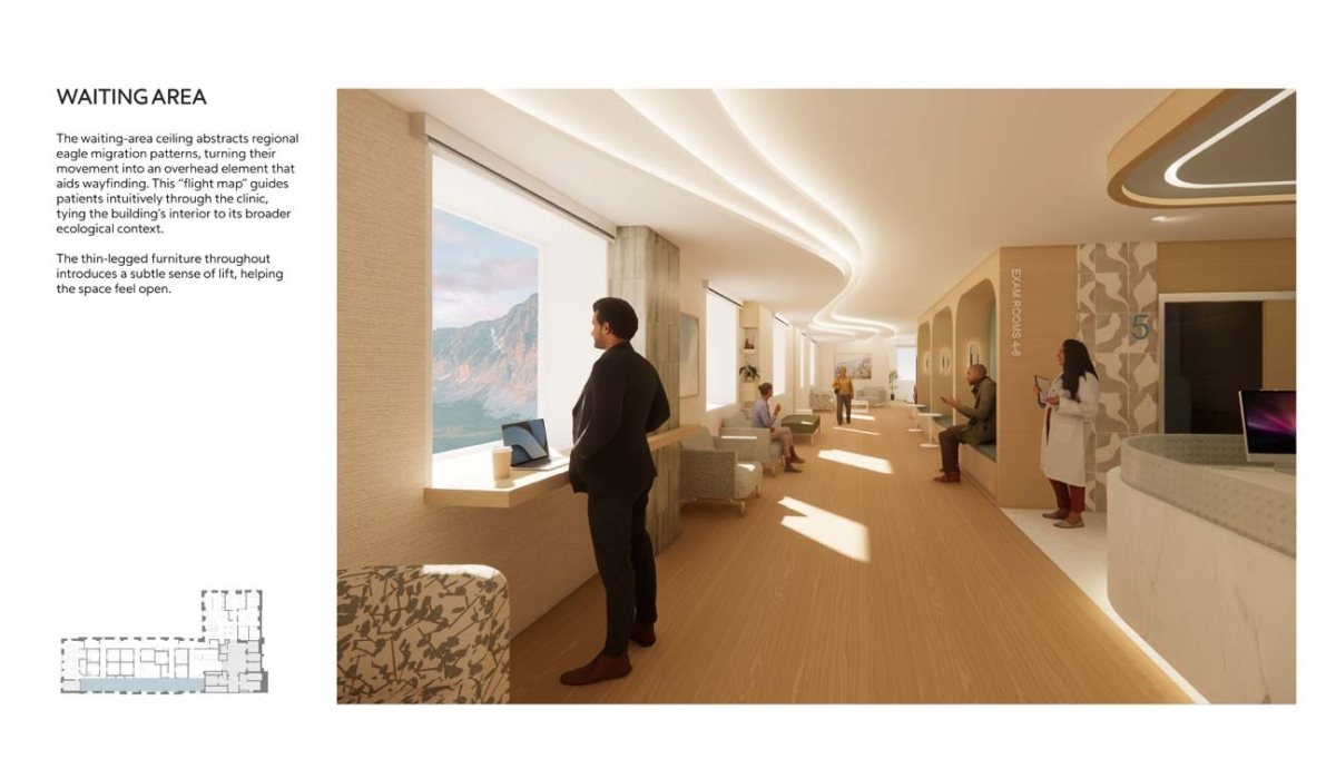 A modern waiting area featuring abstract ceiling designs inspired by eagle migration, with thin-legged furniture enhancing openness.