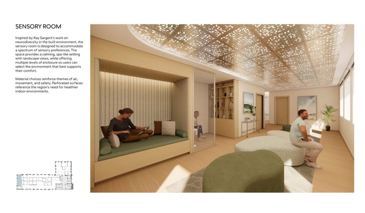 A modern sensory room featuring calming colors, cozy seating, and natural light, designed to promote comfort and sensory well-being.