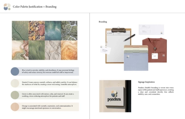 A collection of natural textures and colors alongside branding materials and color meanings tailored for Pondera Health's identity.