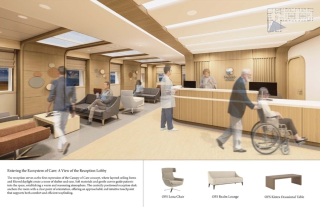 A modern reception lobby showcases a warm, inviting design with comfortable seating, natural light, and a friendly reception desk for visitors.