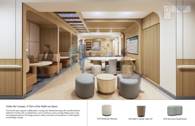 A modern multi-use space designed for collaboration and learning, featuring soft furnishings, warm wood tones, and a welcoming atmosphere.