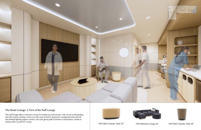 A serene staff lounge designed for healthcare professionals features ergonomic seating and soft lighting, promoting relaxation and rejuvenation.