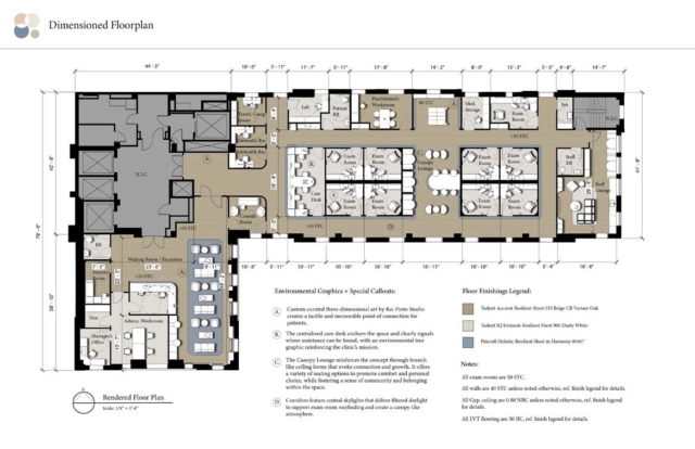 Detailed floor plan outlining room distribution in a clinic, including reception, exam rooms, and specialized areas for patient care.