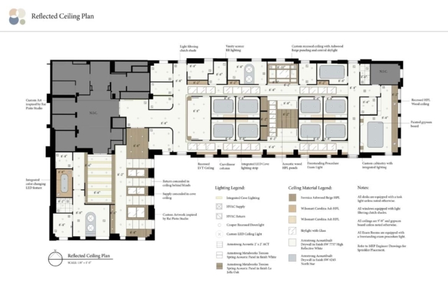 A detailed reflected ceiling plan displays various materials, lighting elements, and room dimensions for a structured architectural layout.