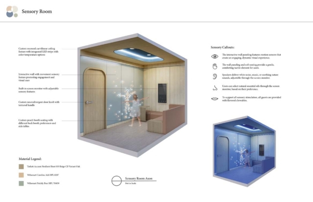 A sensory room design featuring interactive walls, soft seating, and adjustable lighting, promoting engagement and comfort for users.