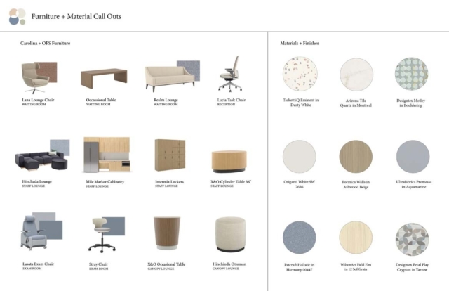 A selection of furniture and finishes, including lounge chairs, tables, cabinetry, and various materials, arranged in a grid layout.