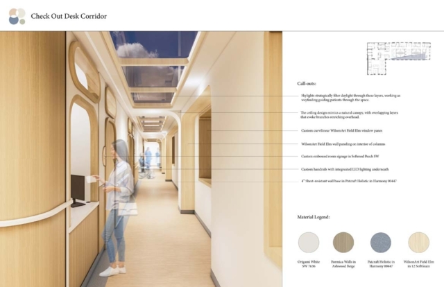 A modern corridor features skylights and wooden paneling, enhancing natural light and guiding patients smoothly through the space.