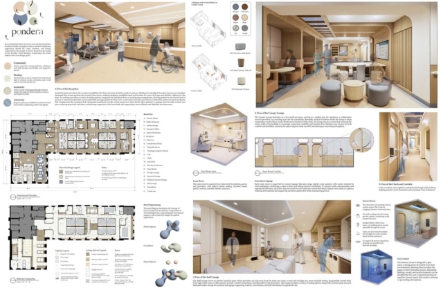 Concept architectural plan showcases a modern healthcare facility with welcoming spaces for patients, staff, and communal activities.