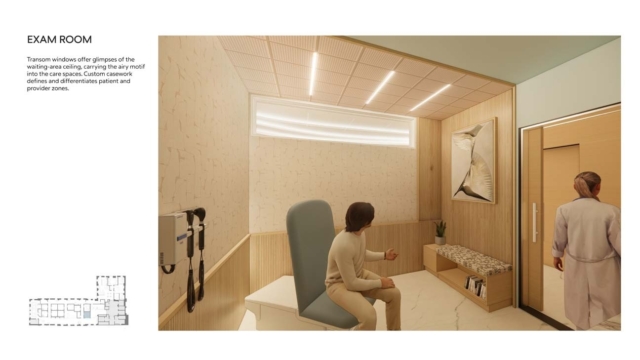 A modern exam room featuring transom windows, a patient chair, and custom cabinetry that separates patient and provider areas.