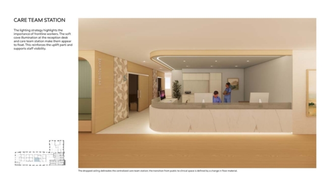 A modern care team station features soft lighting, a sleek reception desk, and a welcoming environment for healthcare staff and patients.