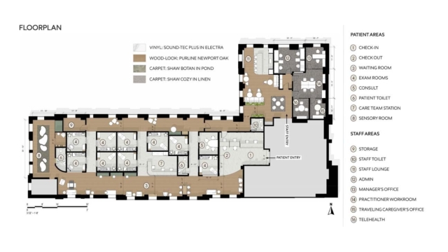 Floor plan illustrating patient and staff areas, including check-in, exam rooms, waiting room, and various support spaces.
