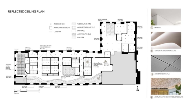 Reflected ceiling plan displaying various ceiling materials, including drywall, wood laminate, and acoustic tile, with annotations and dimensions.