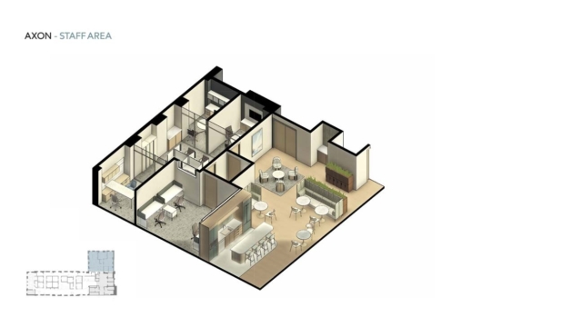 Floor plan illustration of a staff area, featuring workstations, a kitchen space, meeting areas, and seating arrangements.