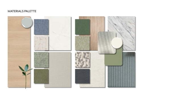 A collection of materials featuring various textures and colors, including wood, fabrics, and stone, arranged in a cohesive design layout.
