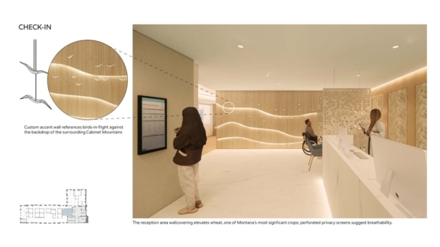 A modern reception area features a custom wall design inspired by birds in flight, soothing lighting, and elegant privacy screens.