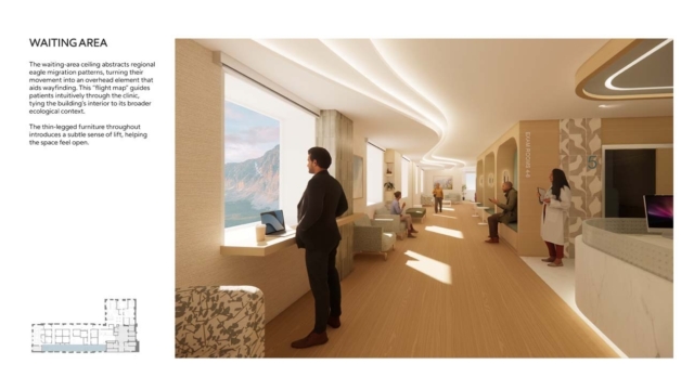 A modern waiting area featuring abstract ceiling designs inspired by eagle migration, with thin-legged furniture enhancing openness.