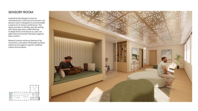 A modern sensory room featuring calming colors, cozy seating, and natural light, designed to promote comfort and sensory well-being.