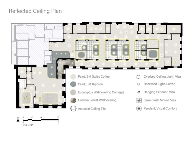 Reflected ceiling plan detailing layout, paint colors, wall treatments, and various lighting fixtures within a specified space.