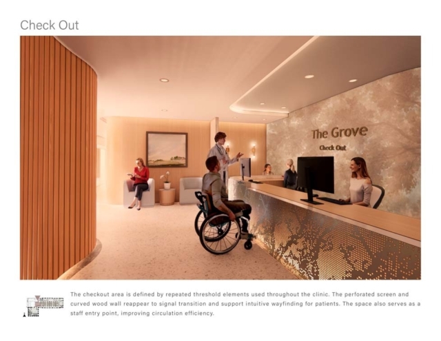 Modern clinic checkout area with a welcoming design, featuring wooden textures, a service counter, and accessible features for all patients.