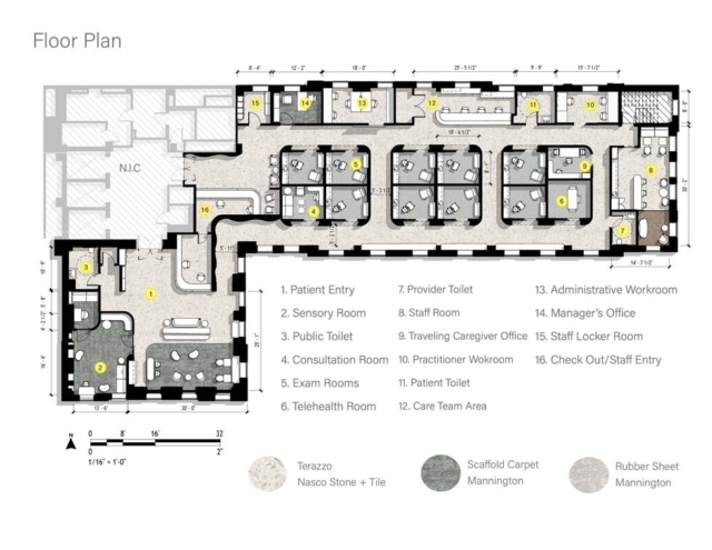 Detailed floor plan showcasing various rooms including consultation areas, patient facilities, and staff workspaces, labeled for easy navigation.