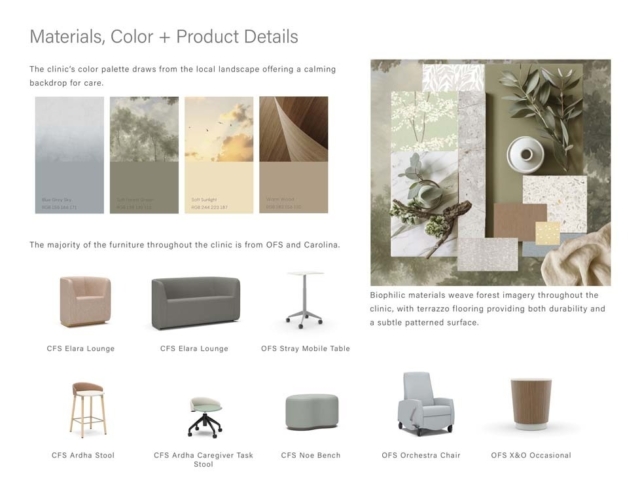 The clinic features a calming color palette inspired by the local landscape, highlighting biophilic design and modern furnishings.
