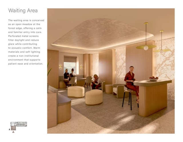 A serene waiting area featuring soft lighting, warm materials, and perforated screens, creating a comforting, non-institutional environment.