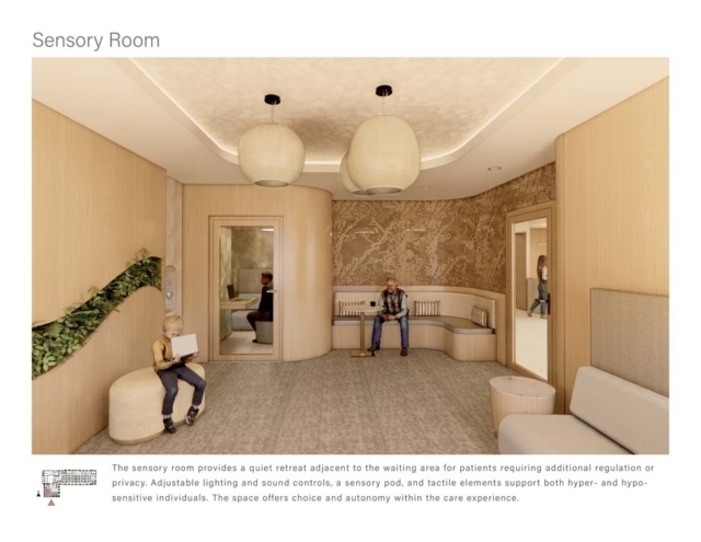 A calming sensory room furnished with soft seating, adjustable lighting, and a sensory pod, designed for patient comfort and privacy.