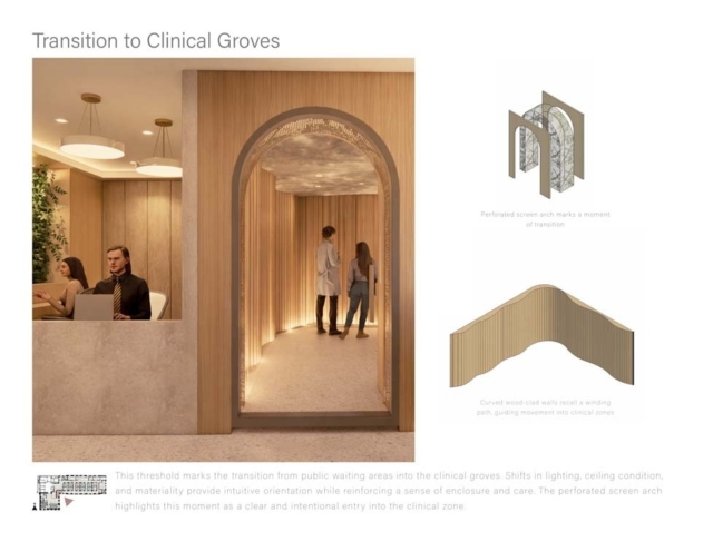 A modern interior design features a curved wood-clad archway leading from a waiting area into clinical spaces, enhancing navigation.