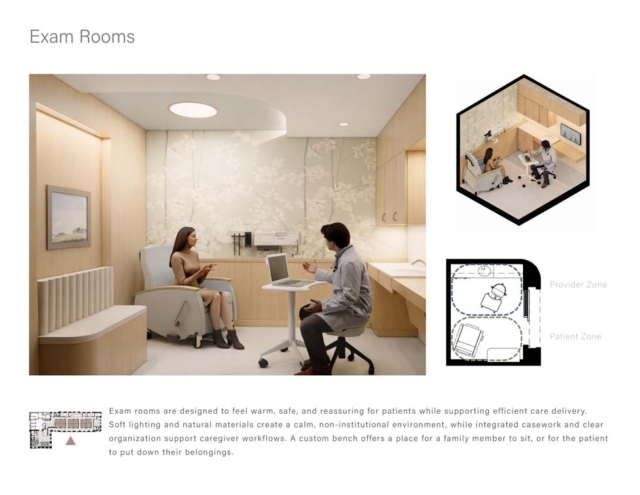 A light-filled exam room features a patient and provider engaged in conversation, surrounded by calming decor and functional design elements.