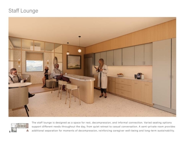 A modern staff lounge features comfortable seating, a kitchenette, and large windows, designed for relaxation and informal conversation.