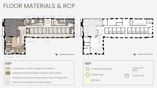 Floor plan illustrating materials and layout for an office space, detailing flooring types and lighting fixtures throughout.