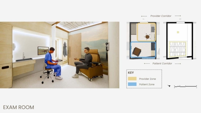 A modern exam room featuring a clinician and patient, with design plans detailing provider and patient zones, enhancing comfort and functionality.