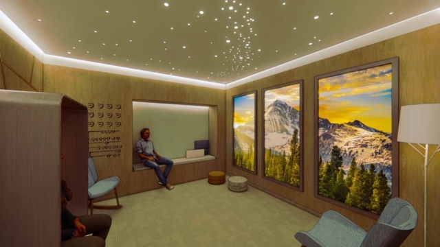 A cozy lounge features two large scenic windows showcasing mountains and forests. A starry ceiling enhances the serene atmosphere.