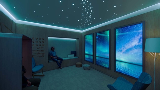 A tranquil room features glowing starry ceilings and large windows displaying a vibrant aurora-over-water scene, inviting relaxation.