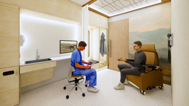 A healthcare professional in blue scrubs sits at a desk, while a patient in gray clothes converses comfortably in a modern room.
