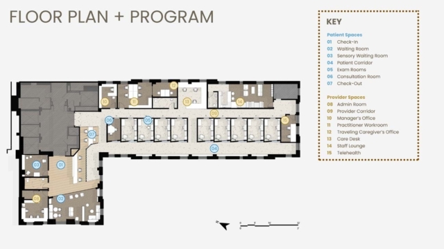 A detailed floor plan outlines patient and provider spaces, including waiting rooms, exam rooms, offices, and consultation areas.