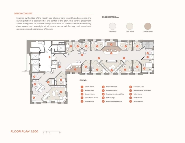 Floor plan design for a healthcare facility, featuring a central nursing station, exam rooms, waiting areas, and caregiver spaces.