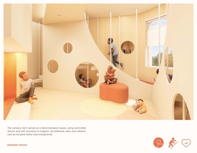 A brightly lit sensory room features soft furniture and interactive elements, designed for neurodiverse users to relax and engage with stimuli.