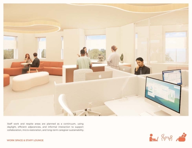 A modern staff lounge with collaborative seating, workstations, and large windows promoting a bright, inviting atmosphere for teamwork.