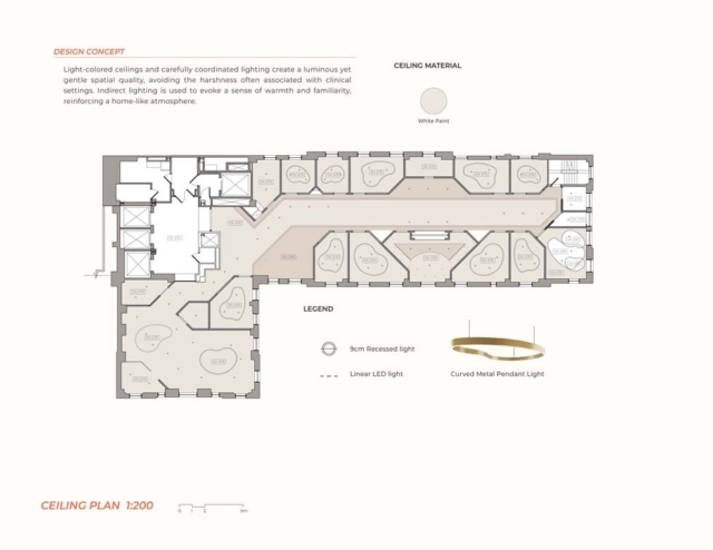 Ceiling plan illustrating a layout with light-colored ceilings and various lighting types, promoting a warm, home-like atmosphere.