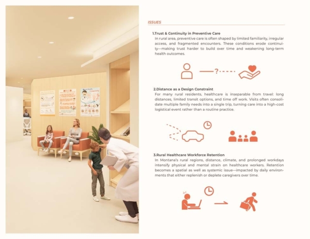A modern healthcare waiting area shows families, a doctor, and informative posters highlighting issues in rural healthcare access and continuity.