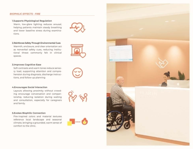 A welcoming healthcare reception area features a smiling staff member, a patient in a wheelchair, and text outlining biophilic effects of fire.
