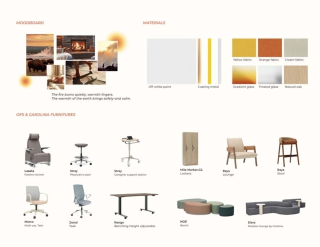 A moodboard features warm, inviting colors alongside descriptions of materials and a variety of contemporary furniture designs for health spaces.